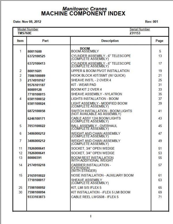 Manitowoc Cranes PM 231153 001 TMS760E07 Spare Parts Manual PDF 1