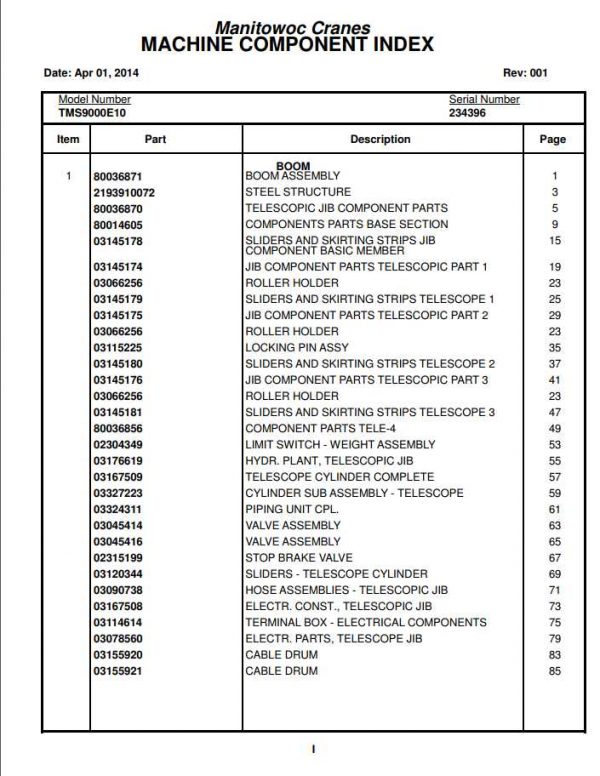 Manitowoc Cranes PM 234396 001 TMS9000E10 Spare Parts Manual PDF 1
