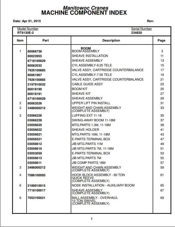 Manitowoc Cranes PM 234830 000 RT9130E 2 Spare Parts Manual PDF 1
