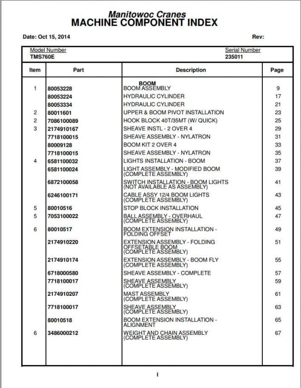 Manitowoc Cranes PM 235011 000 TMS760E Spare Parts Manual PDF 1