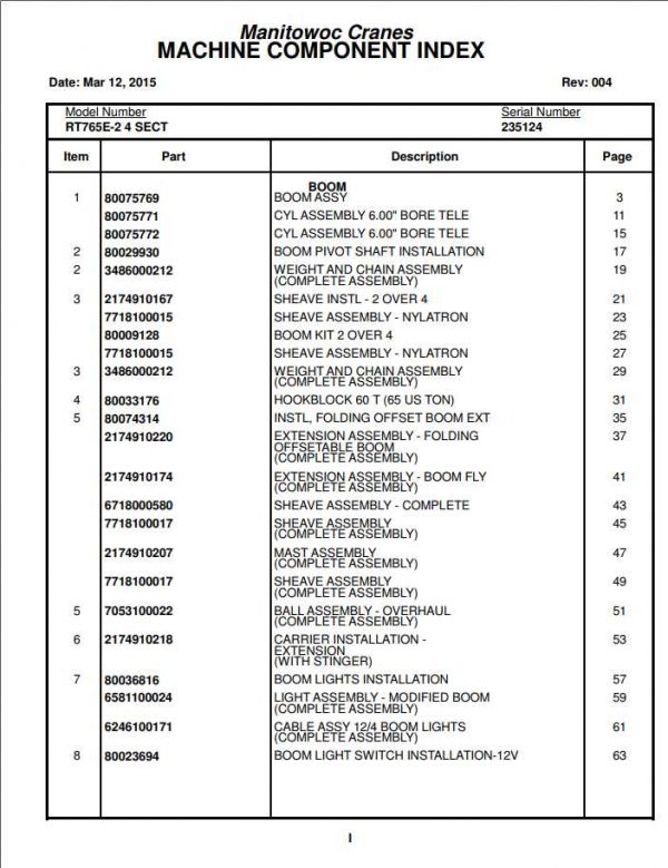 Manitowoc Cranes PM 235124 004 RT765E 2 Spare Parts Manual PDF 1