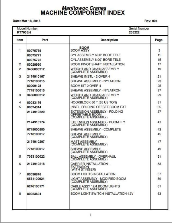 Manitowoc Cranes PM 235222 004 RT765E 2 Spare Parts Manual PDF 1