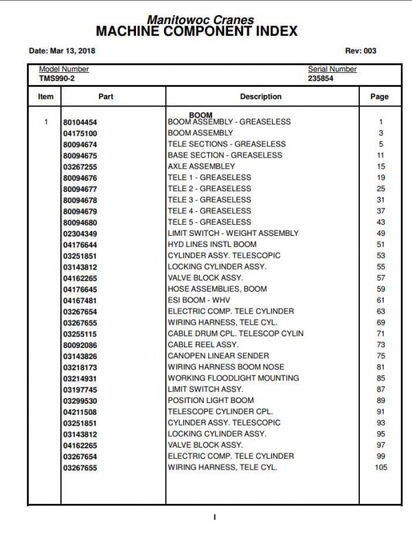 Manitowoc Cranes PM 235854 003 TMS990 2 Spare Parts Manual PDF 1