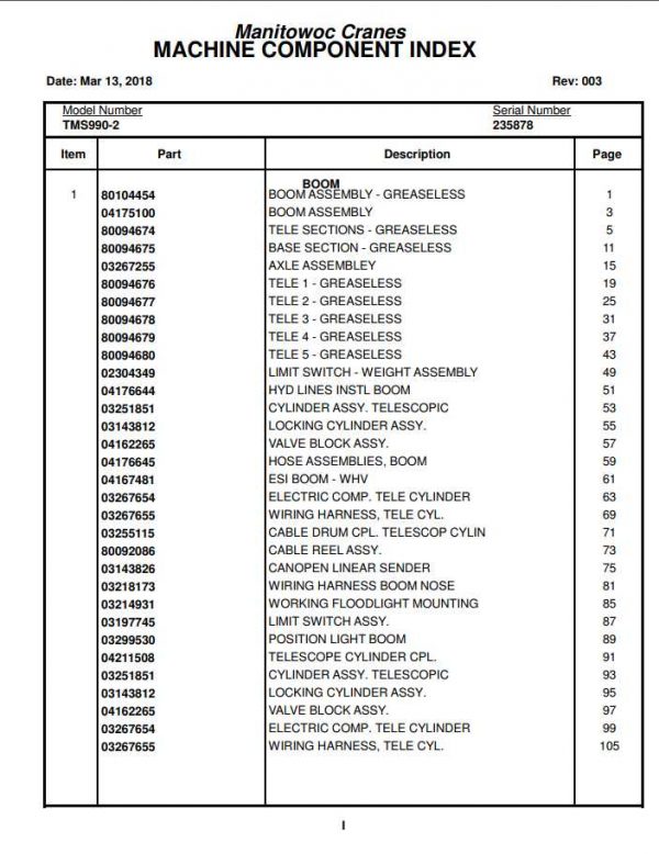 Manitowoc Cranes PM 235878 003 TMS990 2 Spare Parts Manual PDF 1