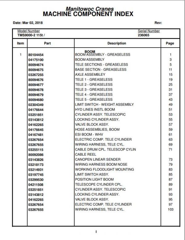 Manitowoc Cranes PM 236065 000 TMS9000 2 Spare Parts Manual PDF 1 1