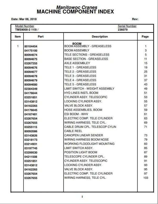 Manitowoc Cranes PM 236079 000 TMS9000 2 Spare Parts Manual PDF 1