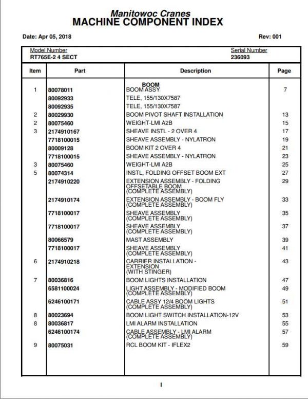 Manitowoc Cranes PM 236093 001 RT765E 2 Spare Parts Manual PDF 1