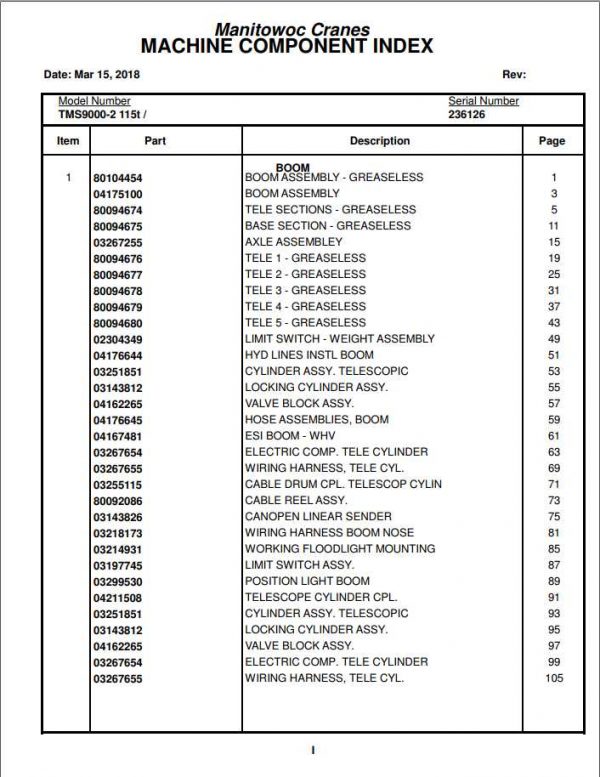 Manitowoc Cranes PM 236126 000 TMS9000 2 Spare Parts Manual PDF 1