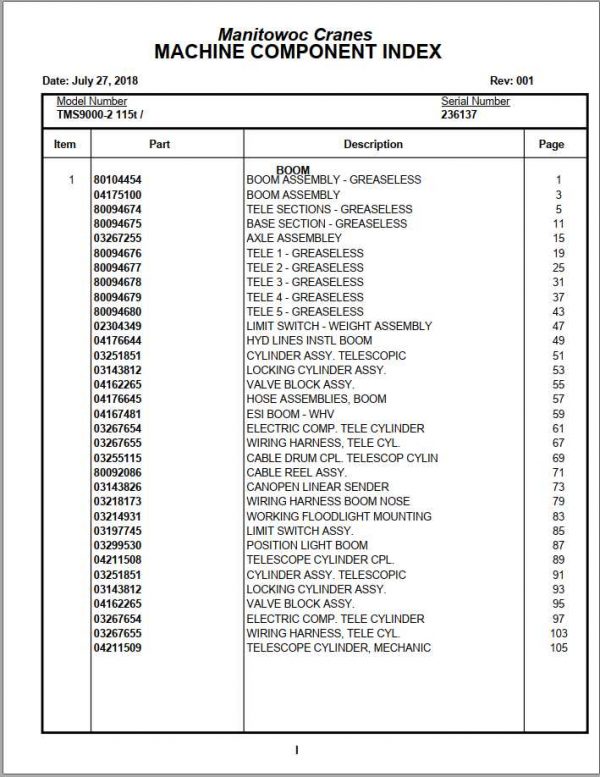 Manitowoc Cranes PM 236137 001 TMS9000 2 Spare Parts Manual PDF 1