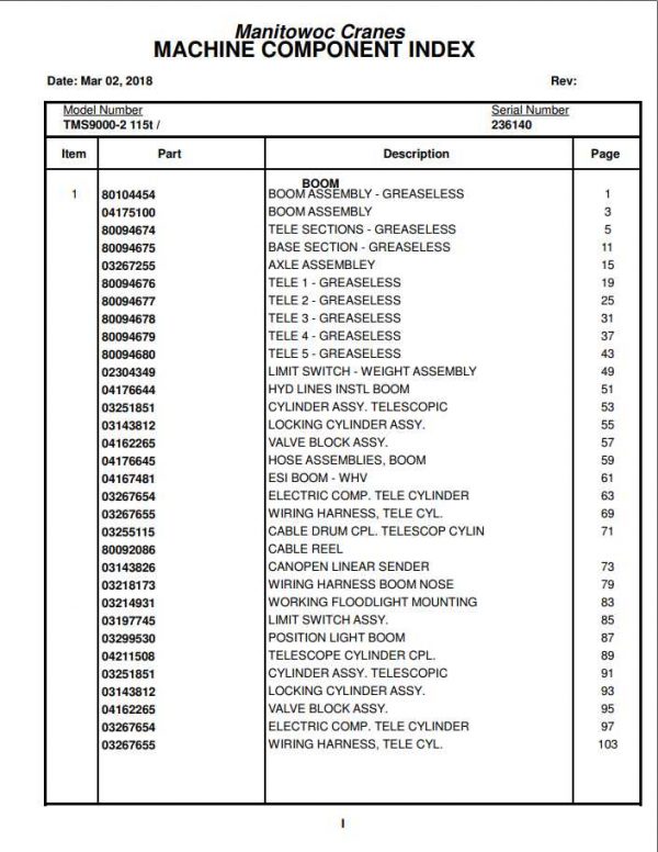 Manitowoc Cranes PM 236140 000 TMS9000 2 Spare Parts Manual PDF 1