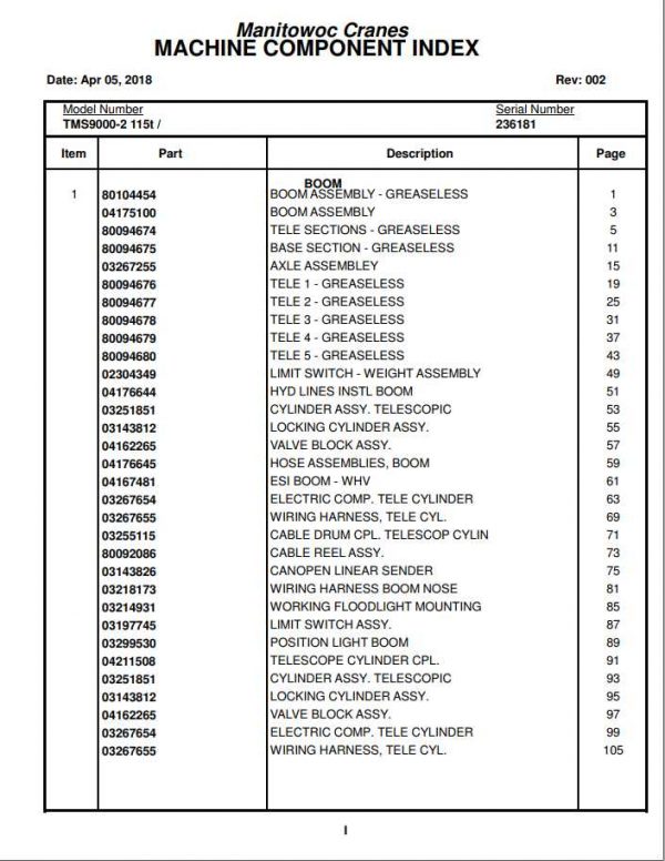 Manitowoc Cranes PM 236181 000 TMS9000 2 Spare Parts Manual PDF 1