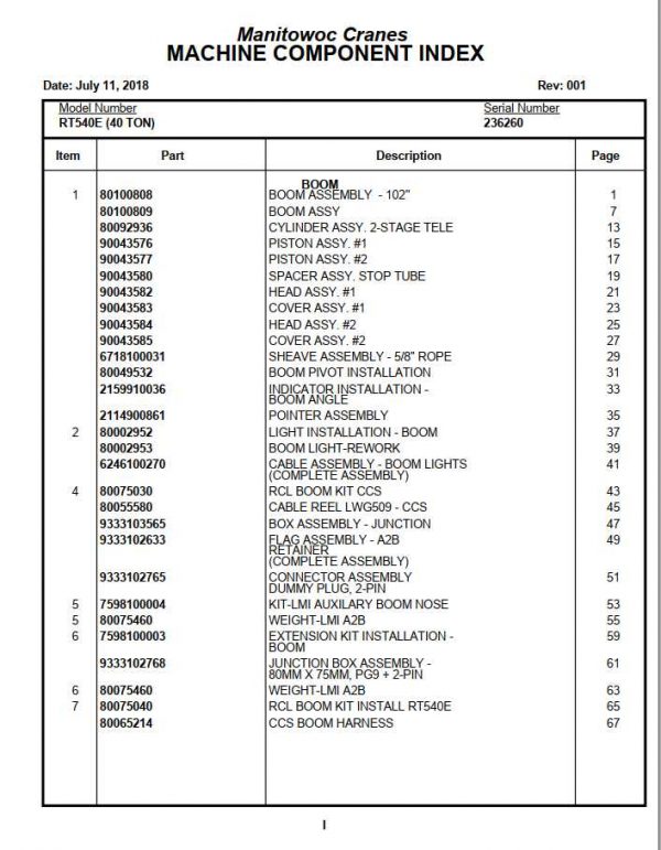 Manitowoc Cranes PM 236260 001 RT540E 40 TON Spare Parts Manual PDF 1