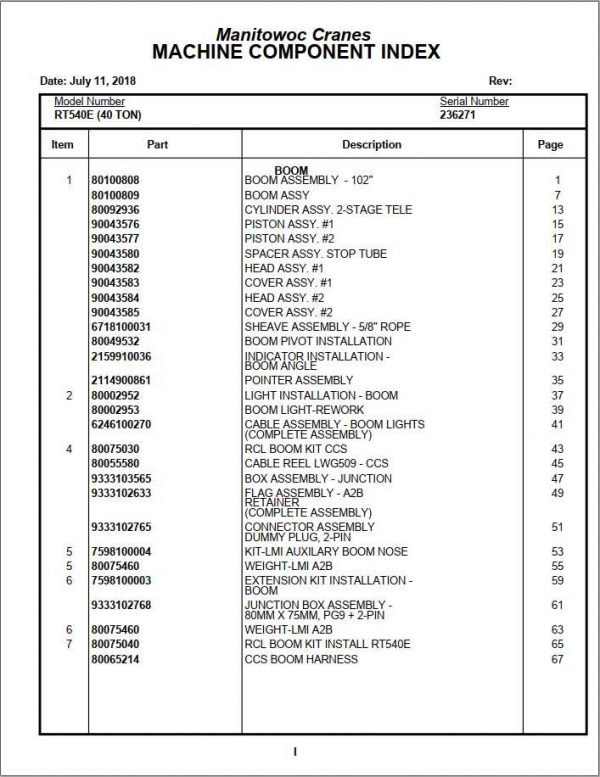 Manitowoc Cranes PM 236271 000 RT540E Spare Parts Manual PDF 1