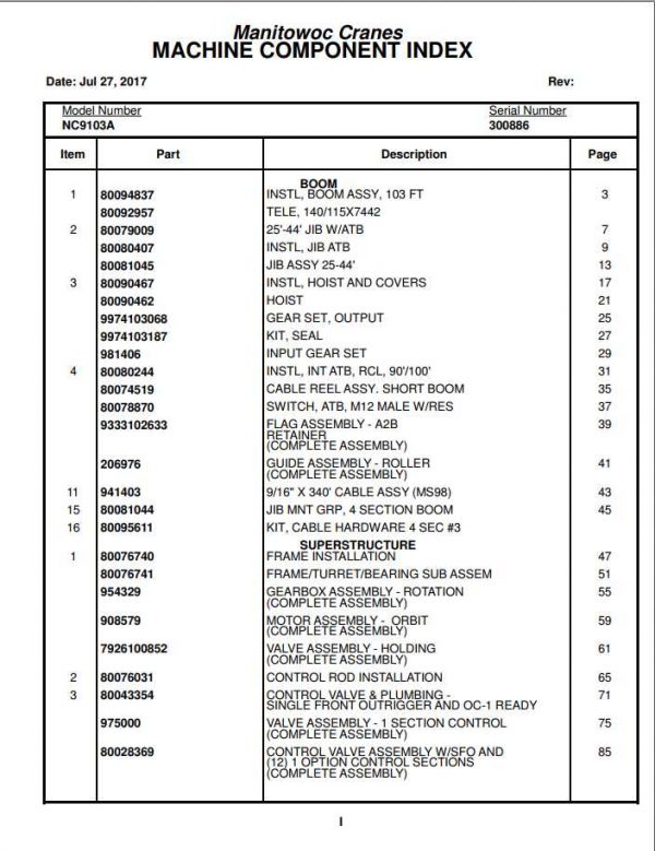 Manitowoc Cranes PM 300886 000 9103A Spare Parts Manual PDF 1
