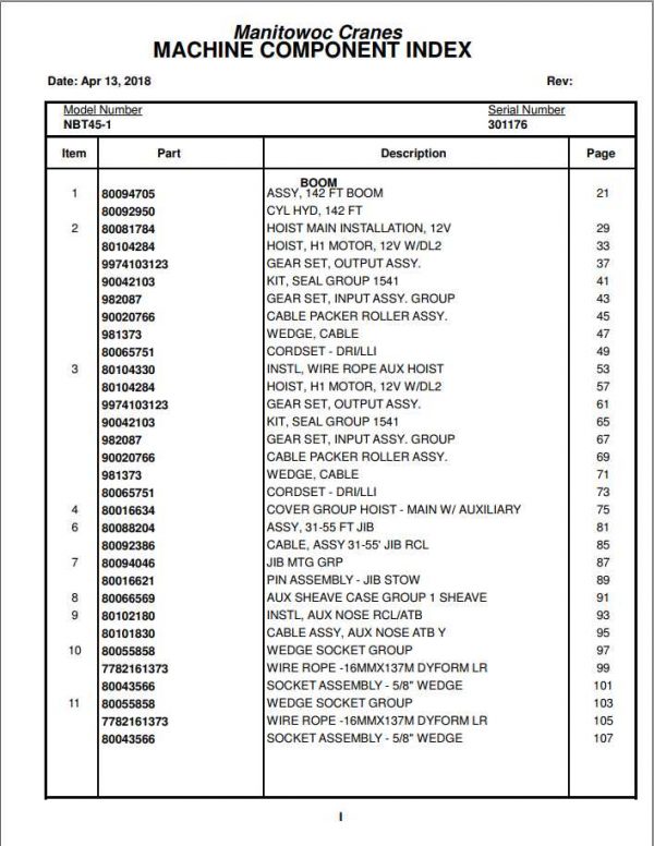 Manitowoc Cranes PM 301176 000 NBT45 1 Spare Parts Manual PDF 1