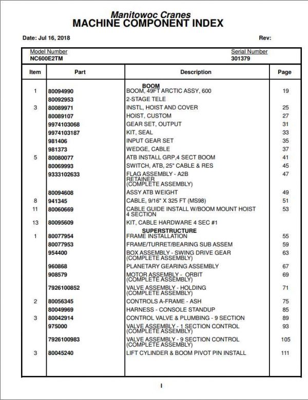 Manitowoc Cranes PM 301379 000 600E2TM Spare Parts Manual PDF 1