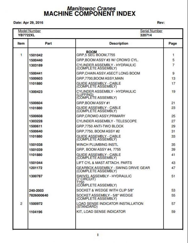 Manitowoc Cranes PM 320714 000 YB7722XL Spare Parts Manual PDF 1