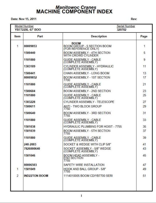 Manitowoc Cranes PM 320782 000 YB7722XL Spare Parts Manual PDF 1