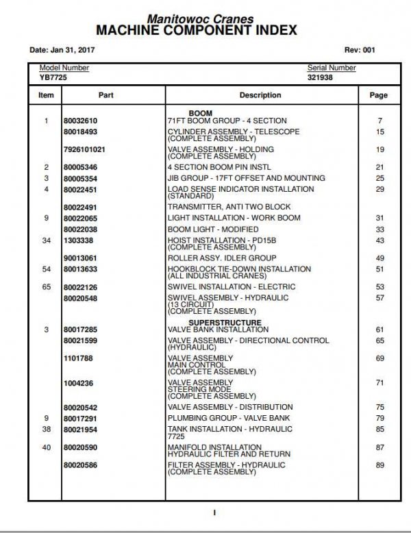 Manitowoc Cranes PM 321938 001 YB7725 Spare Parts Manual PDF 1