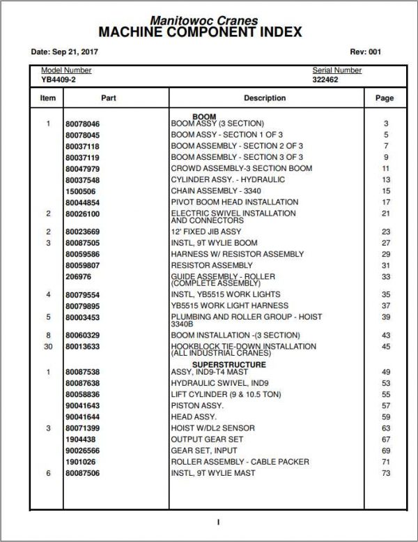 Manitowoc Cranes PM 322462 001 YB4409 2 Spare Parts Manual PDF 1