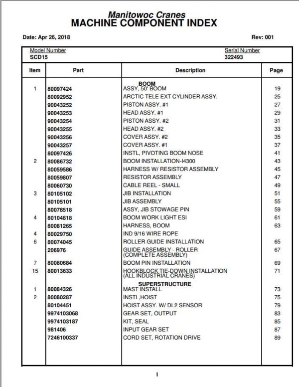 Manitowoc Cranes PM 322493 001 SCD15 Spare Parts Manual PDF 1