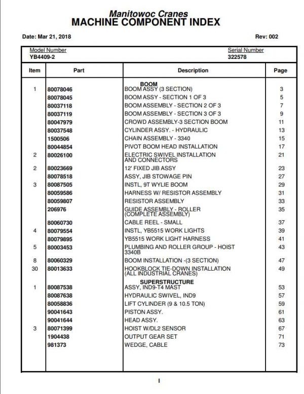 Manitowoc Cranes PM 322578 002 YB4409 2 Spare Parts Manual PDF 1