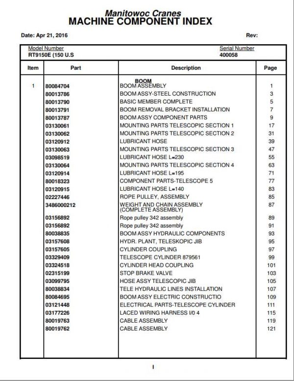 Manitowoc Cranes PM 400058 000 RT9150E Spare Parts Manual PDF 1