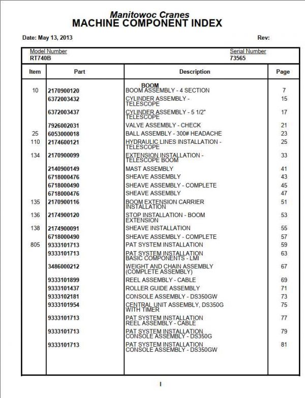 Manitowoc Cranes PM 73565 004 RT740B Spare Parts Manual PDF 1