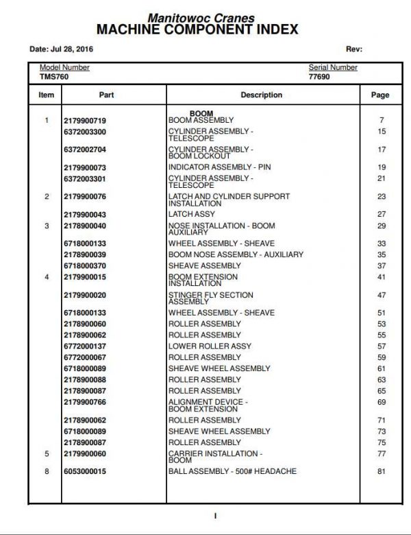 Manitowoc Cranes PM 77690 006 TMS760 Spare Parts Manual PDF 1