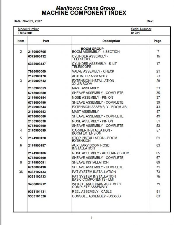 Manitowoc Cranes PM 81281 001 TMS750B Spare Parts Manual PDF 1