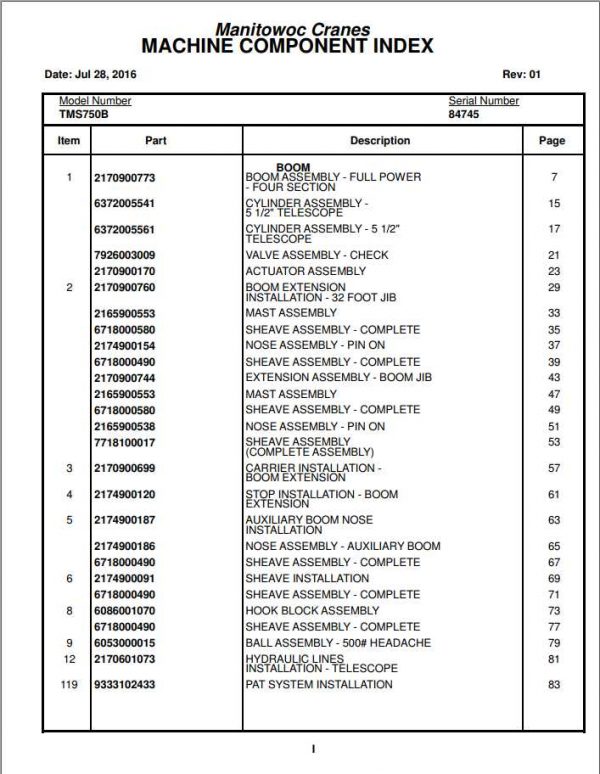 Manitowoc Cranes PM 84745 001 TMS750B Spare Parts Manual PDF 1