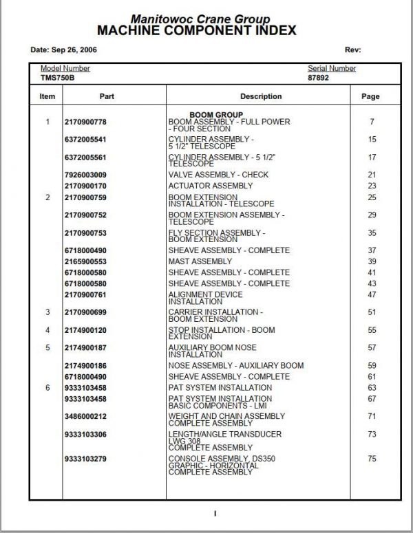 Manitowoc Cranes PM 87892 000 TMS750B Spare Parts Manual PDF 1 1