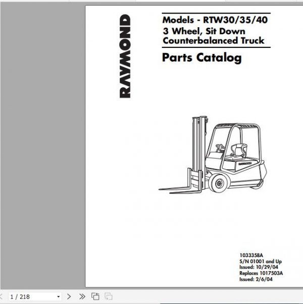 Raymond 3 Wheel Sit down Counterbalanced Lift Truck RTW 30 35 40 Schematics Maintenance Parts Manual 1
