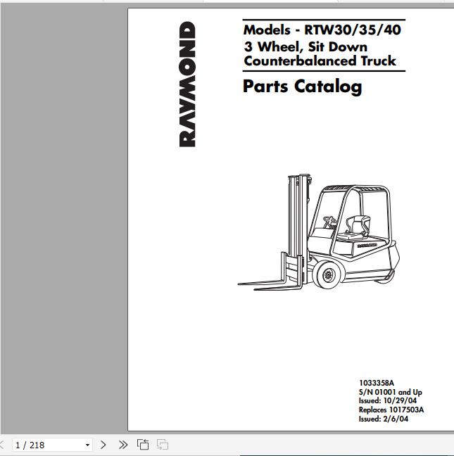 Raymond 3 Wheel Sit down Counterbalanced Lift Truck RTW 30 35 40 Schematics Maintenance Parts Manual 1