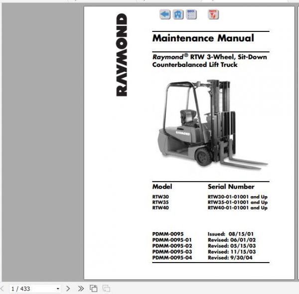 Raymond 3 Wheel Sit down Counterbalanced Lift Truck RTW 30 35 40 Schematics Maintenance Parts Manual 2