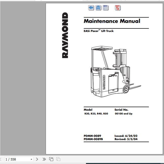 Raymond EASi Pacer Lift Truck R30 R35 R40 R50 Schematics Maintenance Parts Manual 1