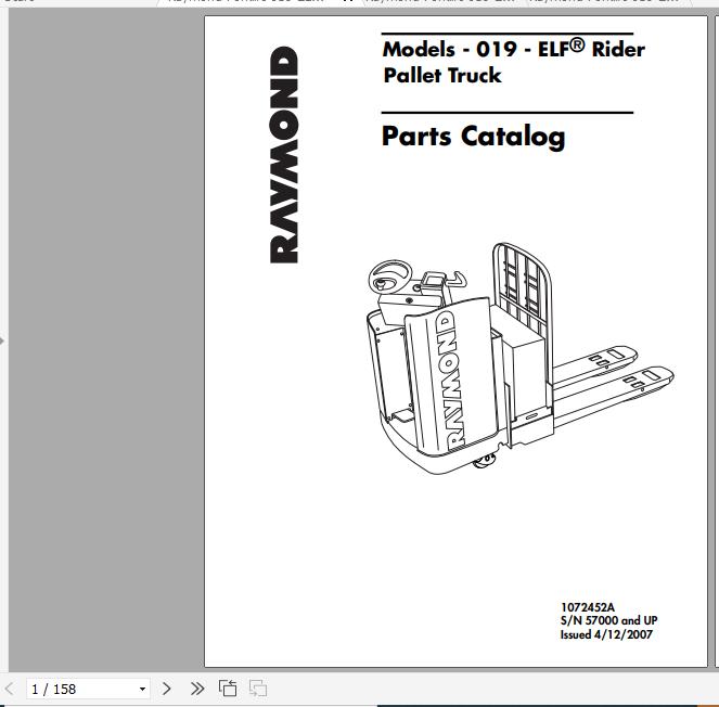 Raymond ELF Rider Pallet Truck 019 Schematic Maintenance Parts Manual 2