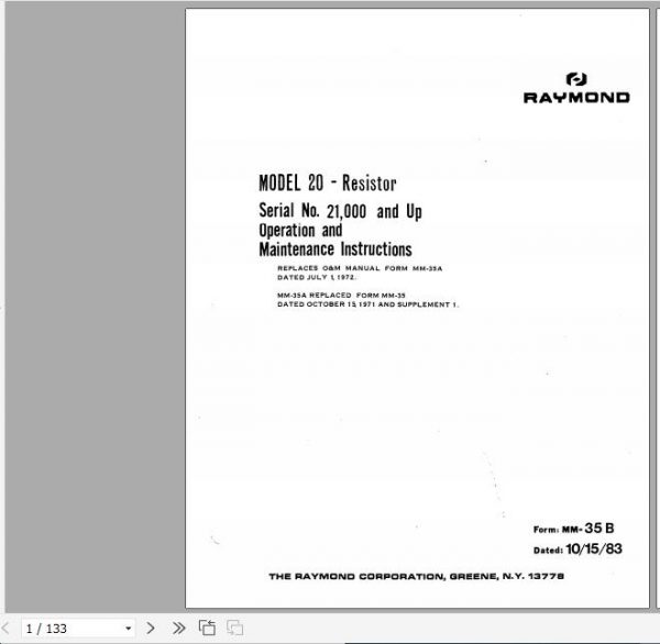 Raymond Forklift Reach 20 Operation Maintenance Parts Manual 1