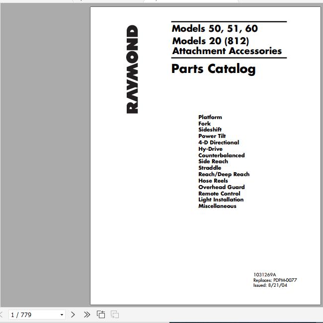 Raymond Forklift Reach 20 Operation Maintenance Parts Manual 2