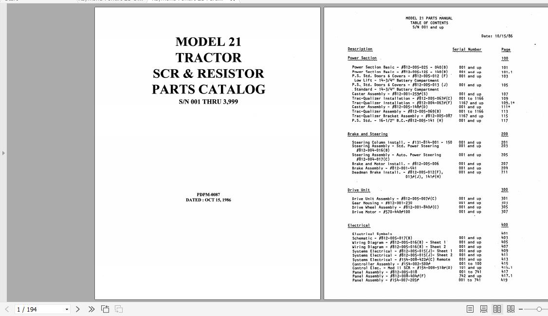 Raymond Forklift Reach 21 Operation Maintenance Parts Manual 1
