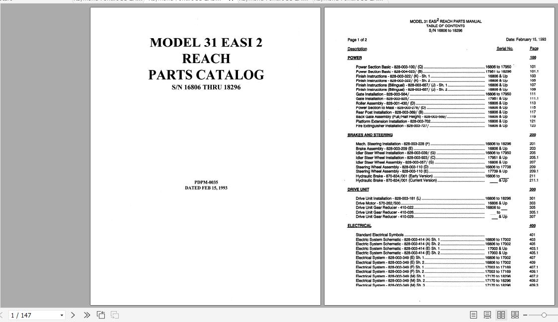 Raymond Forklift Reach 31 EASi2 Operation Maintenance Parts Manual 1