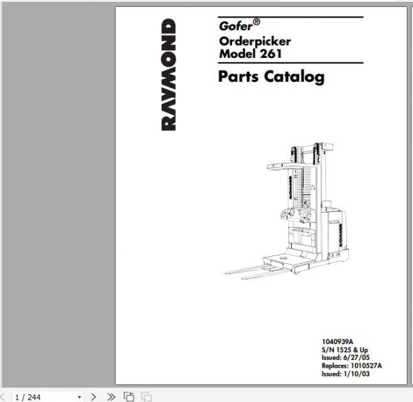 Raymond Gofer High level Order Pick 261 Schematic Maintenance Parts Manual 1