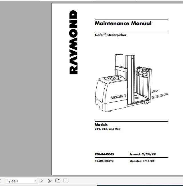 Raymond Gofer Order Pick 212 218 233 Schematic Maintenance Parts Manual 1