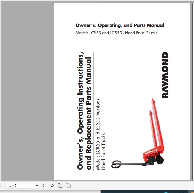 Raymond Hand Pallet Truck LCR55 LCS55 Owner Operation Parts Manual 1180453A 1