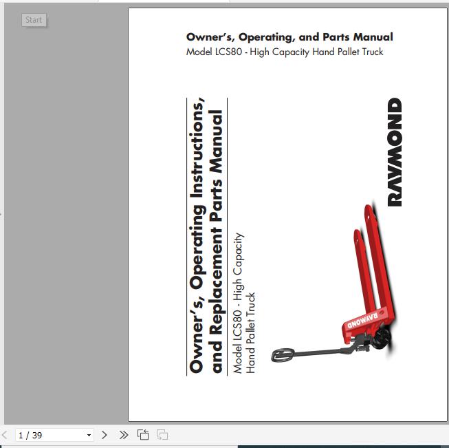 Raymond Hand Pallet Truck LCS80 Owner Operation Parts Manual 1180456A 1