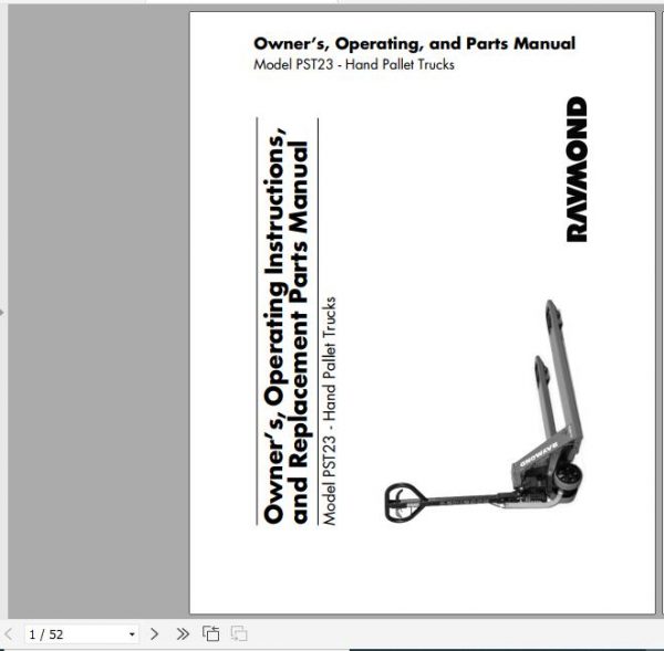 Raymond Hand Pallet Truck PST23 Owner Operation Parts Manual 1