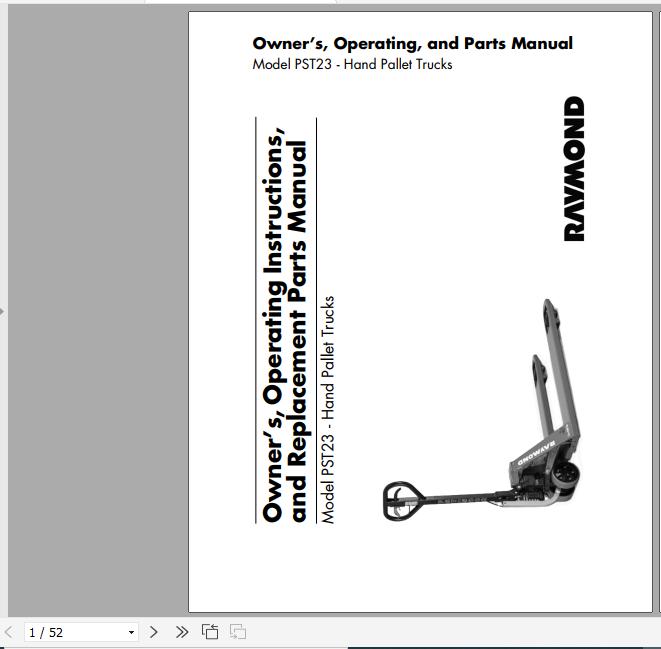 Raymond Hand Pallet Truck PST23 Owner Operation Parts Manual 1