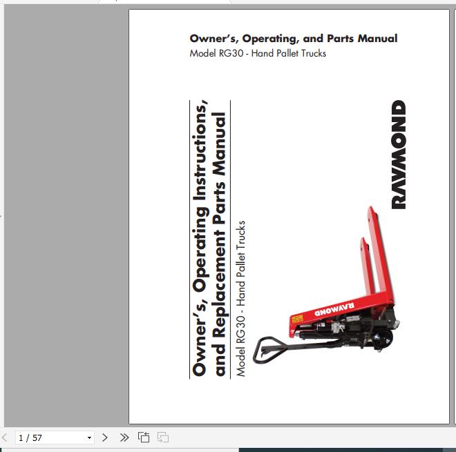 Raymond Hand Pallet Truck RG30 Owner Operation Parts Manual 1180454B 1