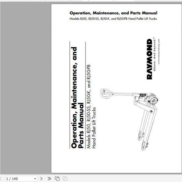 Raymond Hand Pallet Truck RJ50 RJ50 SS RJ50 K RJ50 PB Operation Maintenance Parts Manual 1