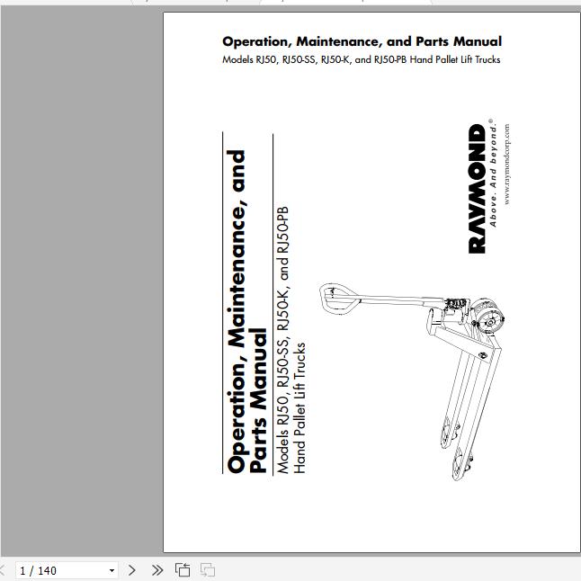 Raymond Hand Pallet Truck RJ50 RJ50 SS RJ50 K RJ50 PB Operation Maintenance Parts Manual 1
